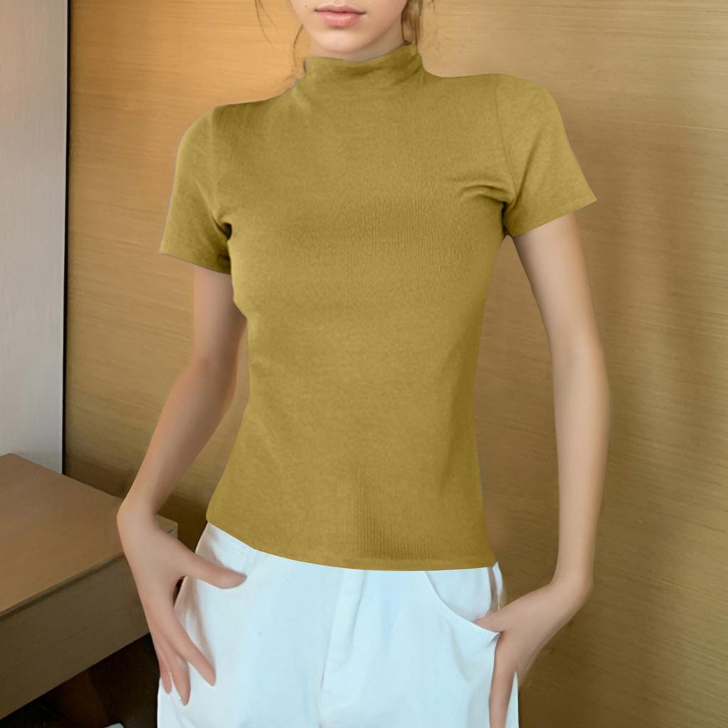 Women's Semi-high Neck With A Slim Short Sleeved Shoulder T-shirt Top