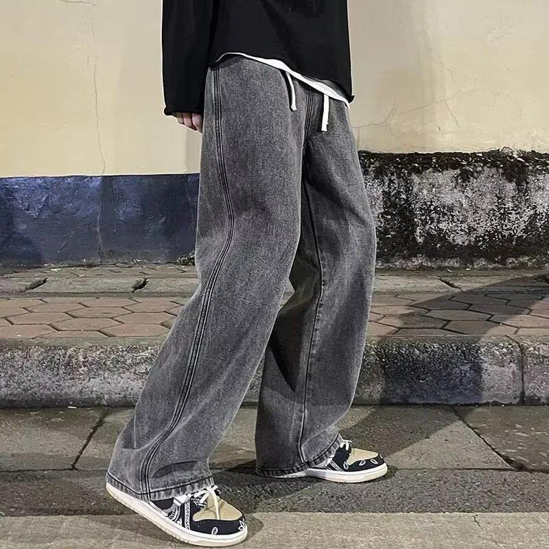 Men's Straight Leg Loose Fit Elastic Waist Jeans - Spring/Summer Trend, Casual Wide-Leg Pants