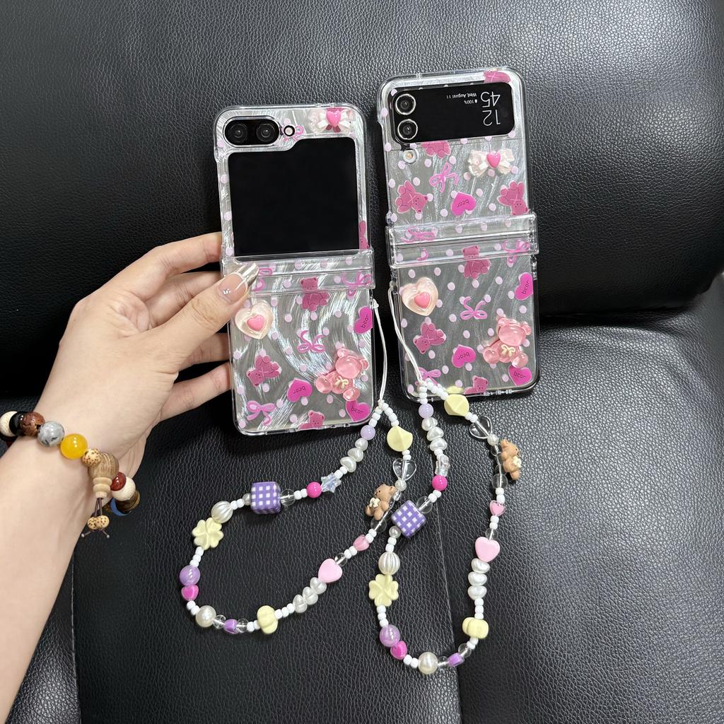 Polka Dot Love Bear Folding Phone Case with Chain Cute Girl Phone Accessories for Galaxy Z Flip 3 4 5 6