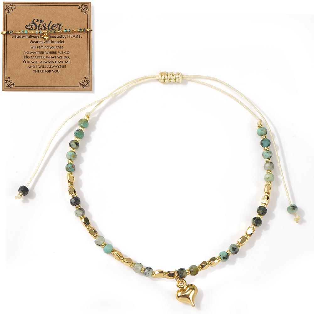 Ximang Ximang Stone Beaded Bracelet With Gold Heart Pendant Adjustable Handmade Jewelry for Women Sister Gift Ideacard