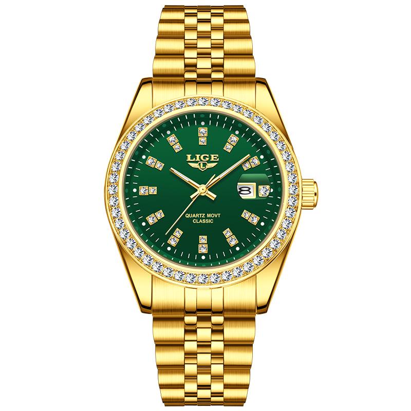 LIGE Men's Elegant Quartz Watch with Large Diamond-Inlaid Dial