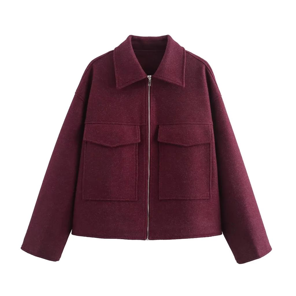 Autumn Winter Casual Women Wine Red Jackets Fashion Streetwear Zipper Pockets Turn Down Collar Chic Ladies Jackets