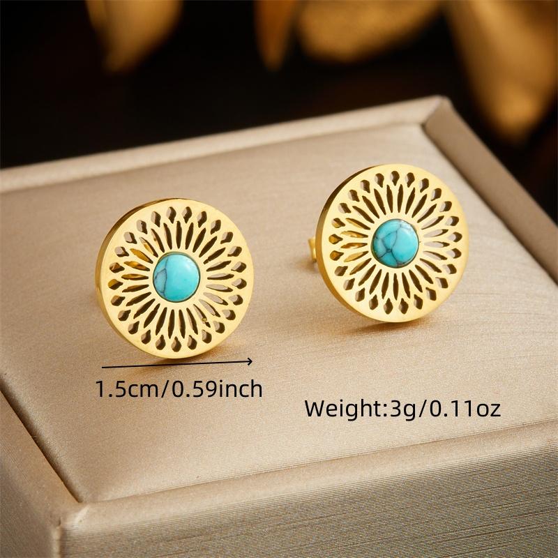 DIEYURO 316L Stainless Steel Tree of Life Turquoise Golden Necklace Earrings For Womens New Party Gift Fashion Jewelry Set