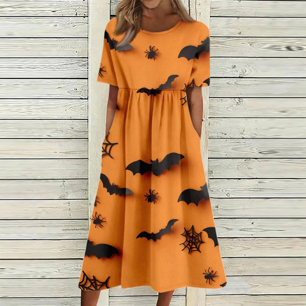 Women's Halloween Print Casual Fashion Round Neck Pocket Midi Dress Comfortable Loose Fit Short Sleeve Dress for Everyday Wear