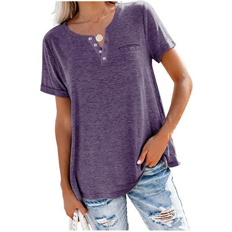Spring Summer Style Jacket V-neck Short Sleeve Pocket Loose T-shirt Woman