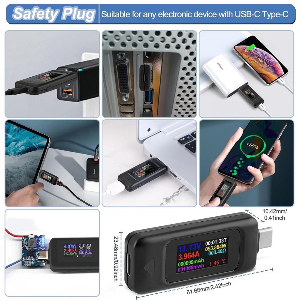 USB Tester Type-C Voltmeter Voltage Current Tester Power Meter Multimeter Ammeter Type C USB Charger Tester Color Display Capacity Voltage Current