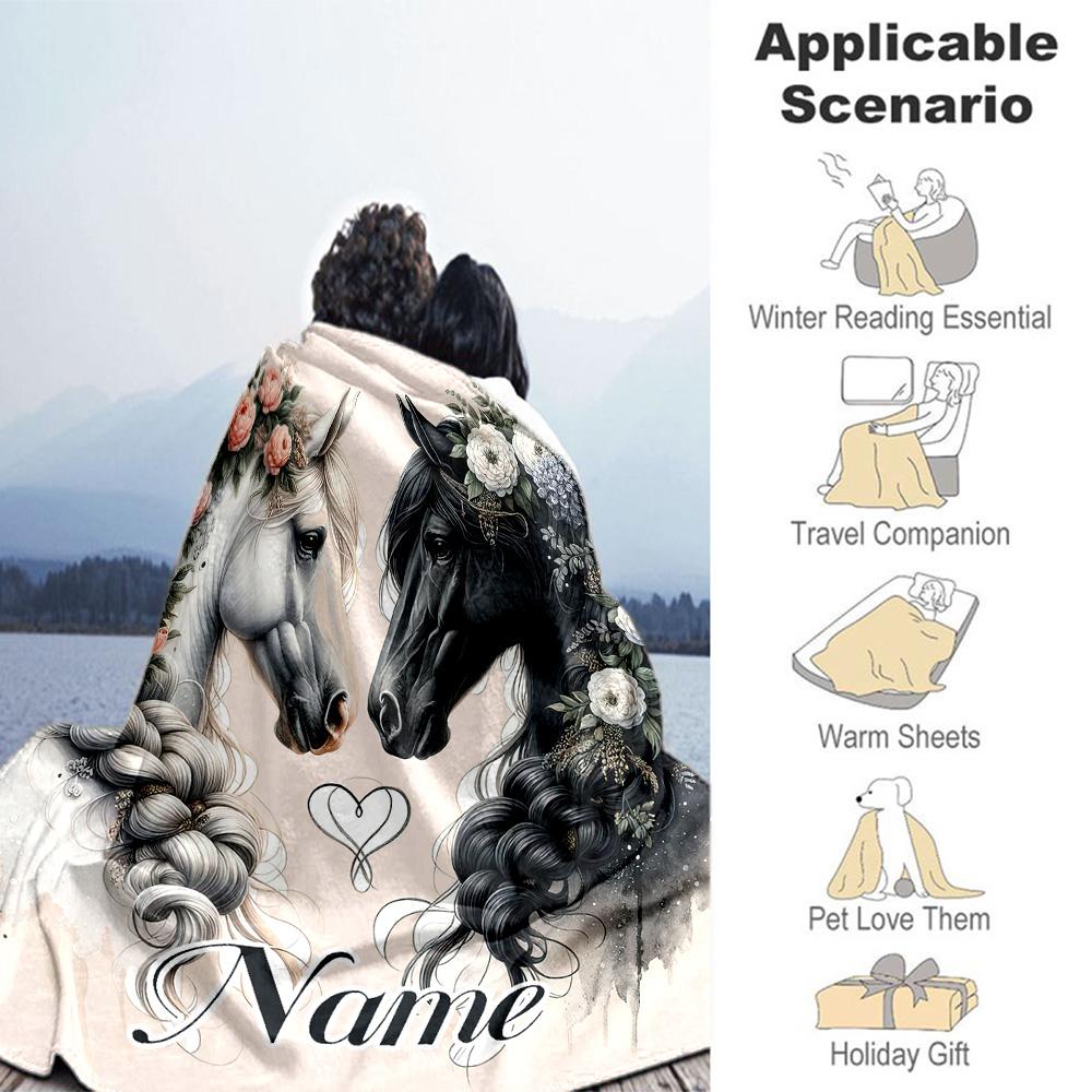 Horse6 Customize Text Blanket Lightweight Customizable Blanket Ultra-Soft Versatile for Office Chair Office Nap Seaside Four Seasons Multipurpose