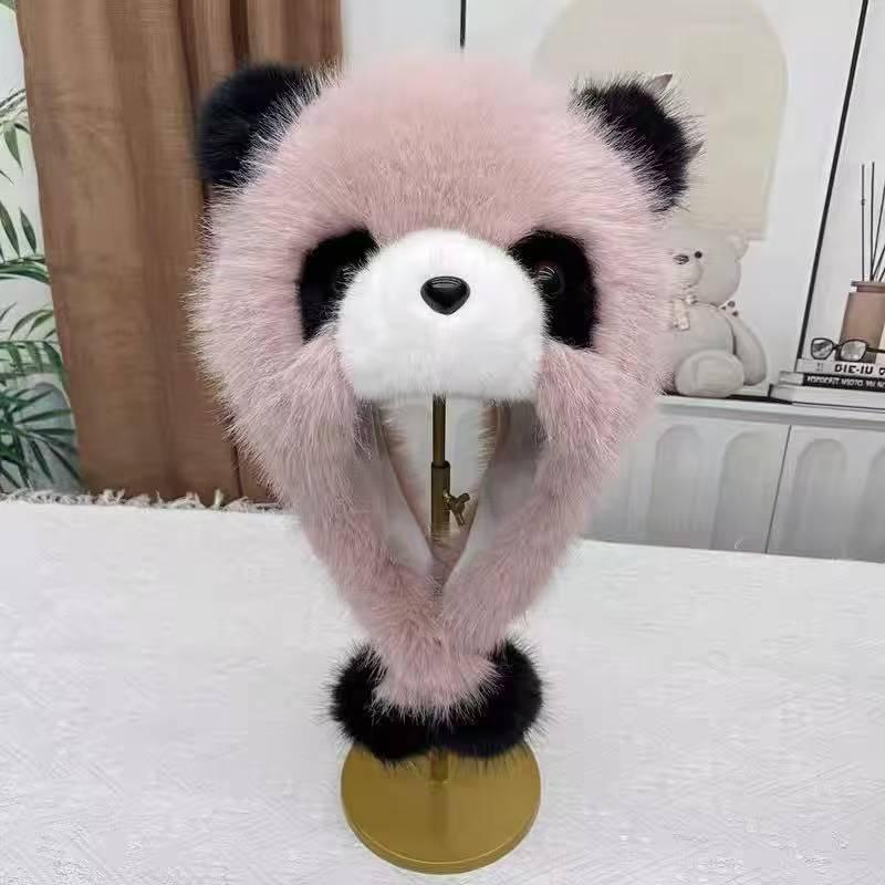 Módní zimní panda klobouk s klapkami na uši z umělé liščí kožešiny pro dospělé a děti