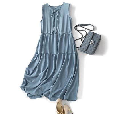 New Summer Cotton and Linen Artistic Loose and Slimming Mid-length A-line Sleeveless Vest Dress for Women