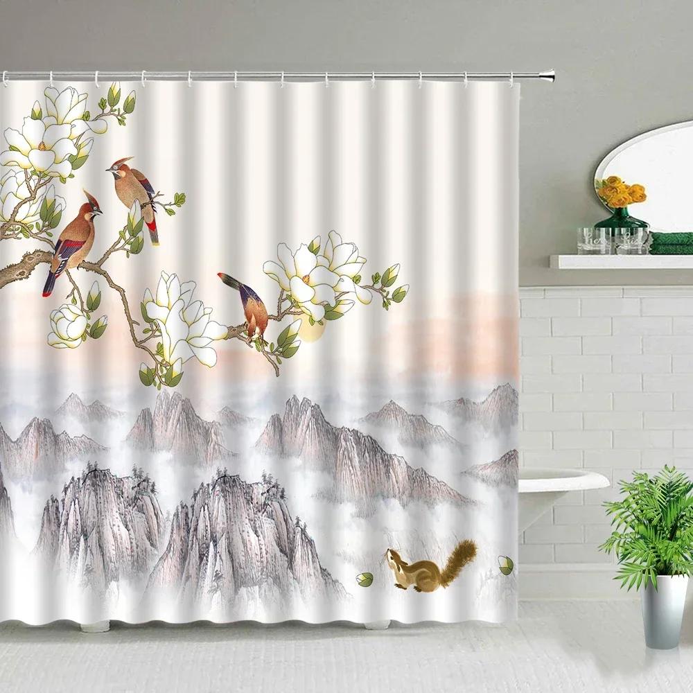 Chinese Style Ink painting Bamboo Landscape Shower Curtain Flower Bird Scenery Bathroom Waterproof Cloth Bath Curtains With Hook