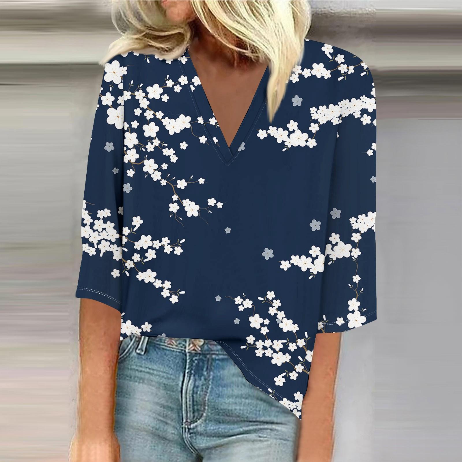 

Женские топы с рукавом 3/4 с цветочным принтом, винтажные модные повседневные свободные рубашки с v-образным вырезом, рубашки больших размеров M тёмно-синий