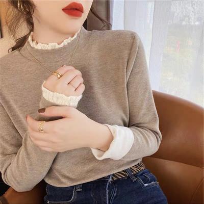 Lace Half Turtleneck German Velvet Base Shirt for Women's Fashionable Inner Wear Spring, Autumn and Winter New Style Furry Long-sleeved T-shirt Top