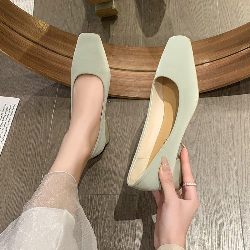 Women's Summer Footwear Square Toe Shoes for Woman 2024 Normal Leather Casual Low Heel Elegant Office Green Shoe Vacation Spring