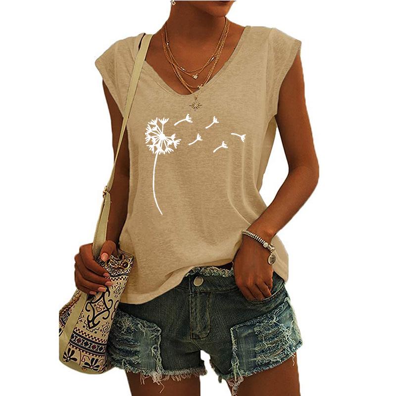 2023 Trendy Women's V-neck Print Cap Sleeve Loose T-shirt Top