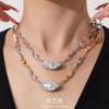 Stainless Steel Geometric Pendant Necklace With Zircon Stone Freshwater Pearl Texture Chain Women