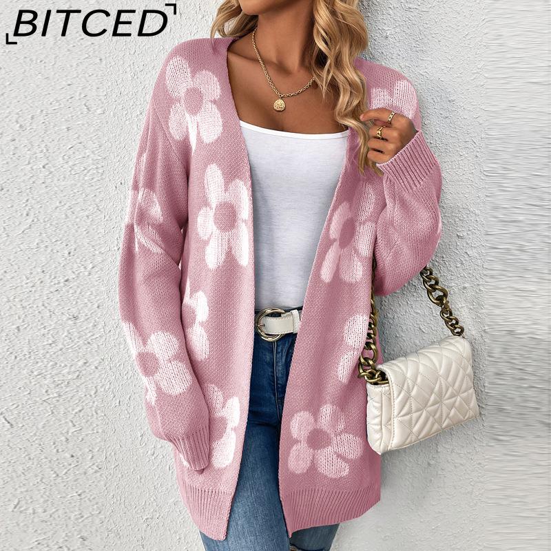 

BITCED Autumn/Winter Mid-Length Cardigan for Women Loose-Fit Colour-Block Floral V-Neck Long-Sleeved Knitted Cardigan XL розовый