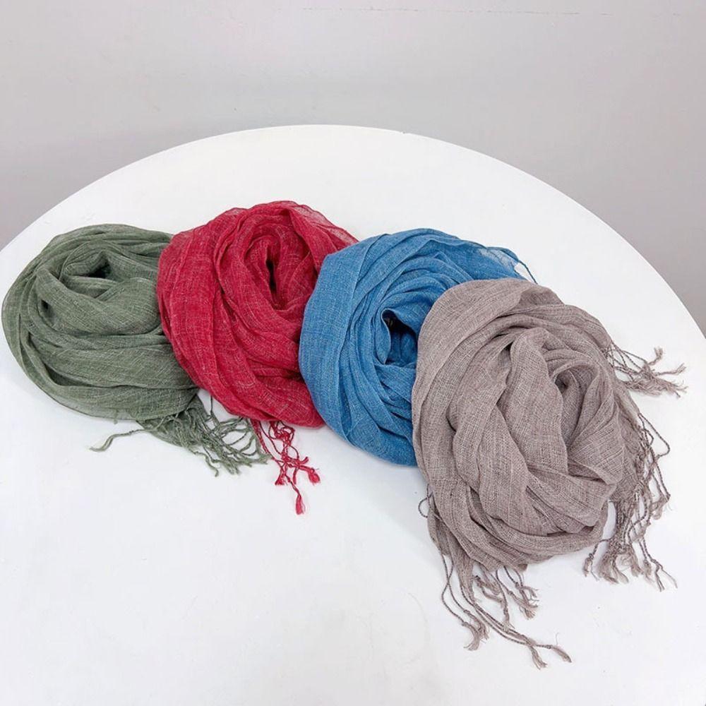 Long Tassel Sun Protection Wrap Solid Color Neck Scarf Casual Pure Linen Scarf Spring Summer
