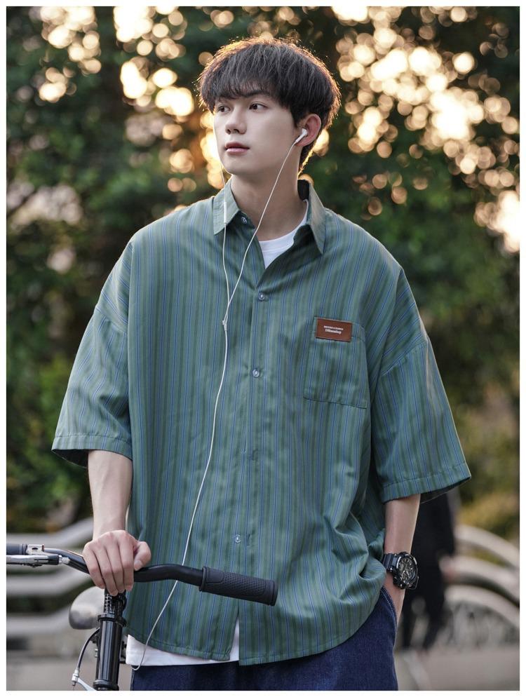 Men's Retro Striped Short Sleeve Pique Shirt - Summer Trendy Loose Fit Plus Size Jacket