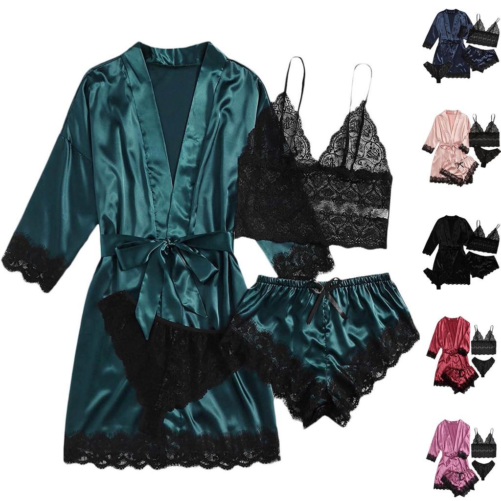 4-Piece Women Sexy Garter Lingerie Set Robes Lace Bodysuit Deep-V Neck Underwear