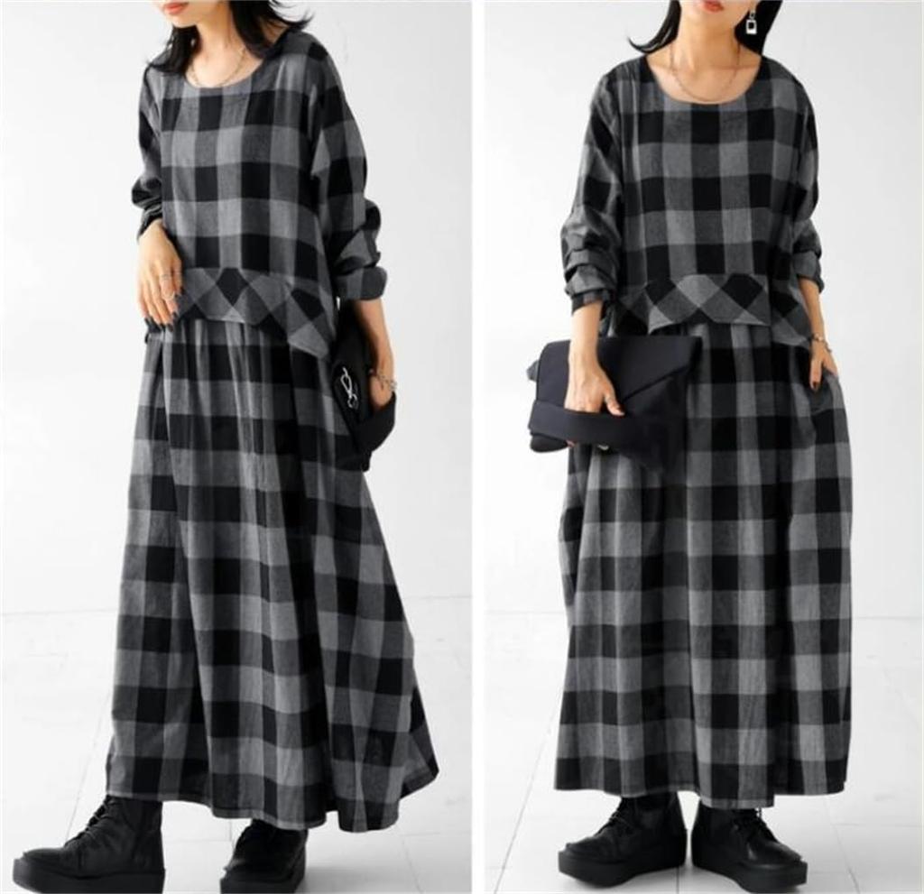 Maxi Checkered Long Loose Midi Long Maxi Winter One Size Fits [Mouhoukyo] Women's Dress, Pattern, Sleeves, Fit, Length, Length, Spring, Autumn, (Color