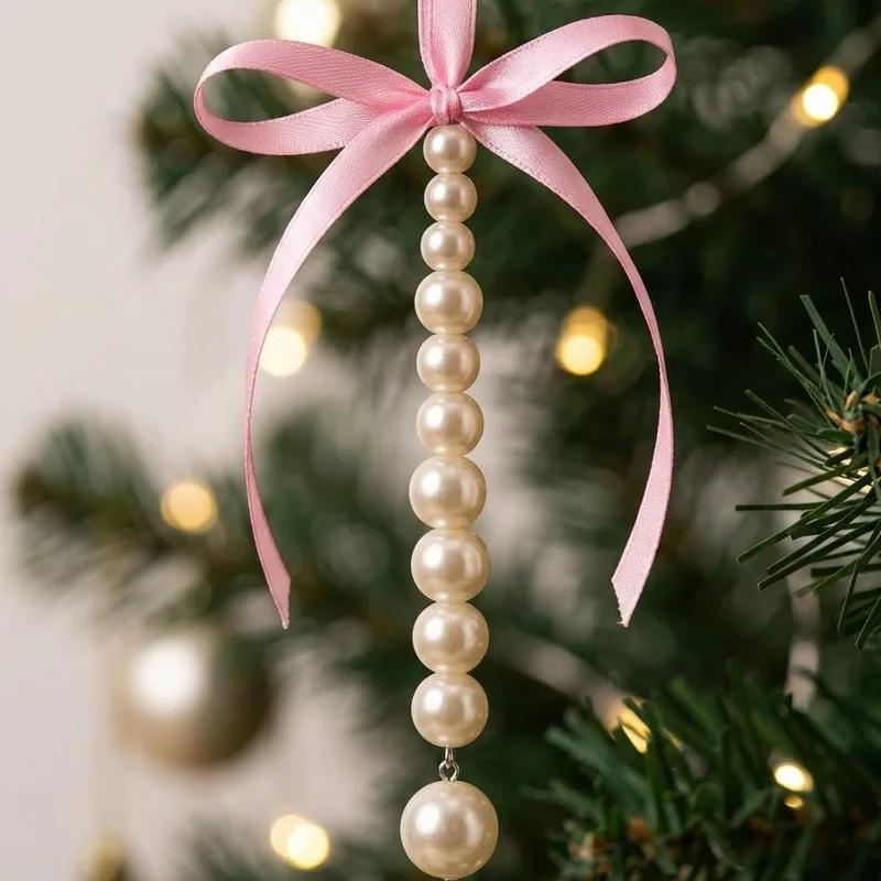 5/50pcs Multi-Beaded Pearl Chain Ornaments for Christmas Pink Ribbon Bow Xmas Tree Hanging Pendant Home Festive Party Supplies