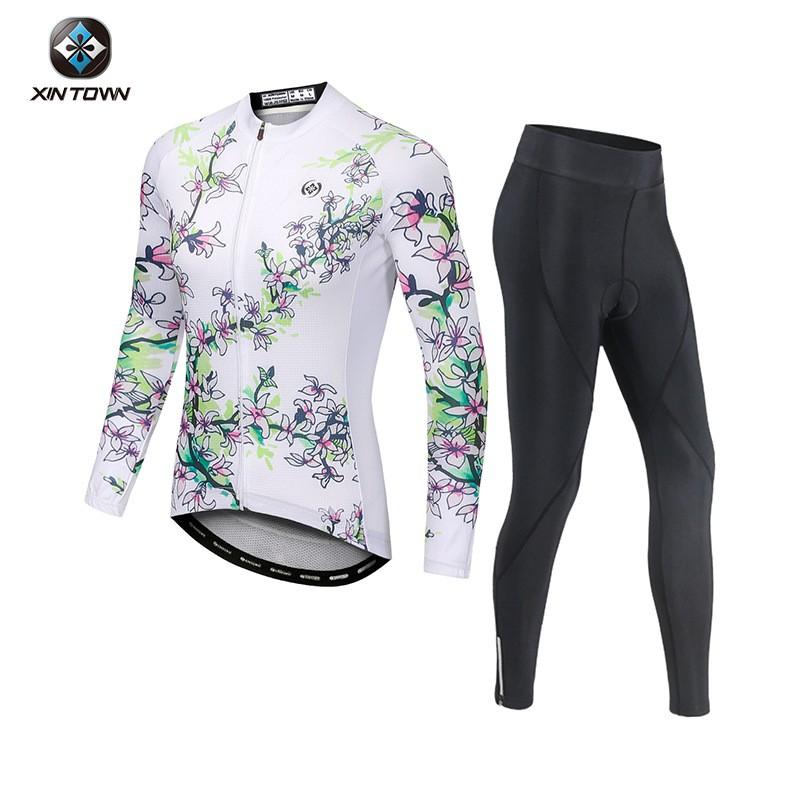 Womens Long Sleeve Cycling Jersey Set Printed Biking Suit Moisture Wicking Road Riding