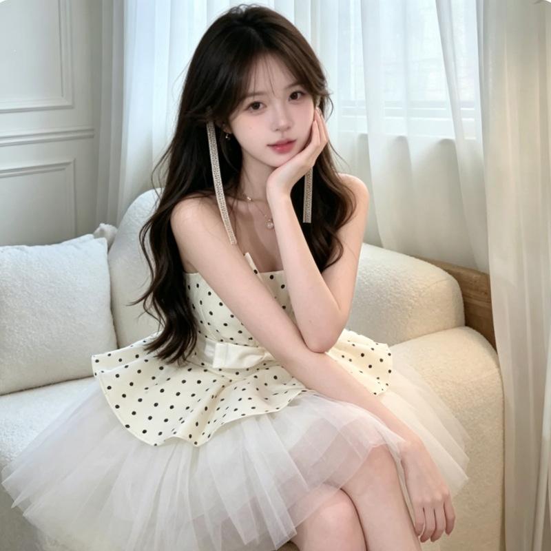 French gentle wind great-looking polka dot splicing waist fluffy mesh skirt design dress summer