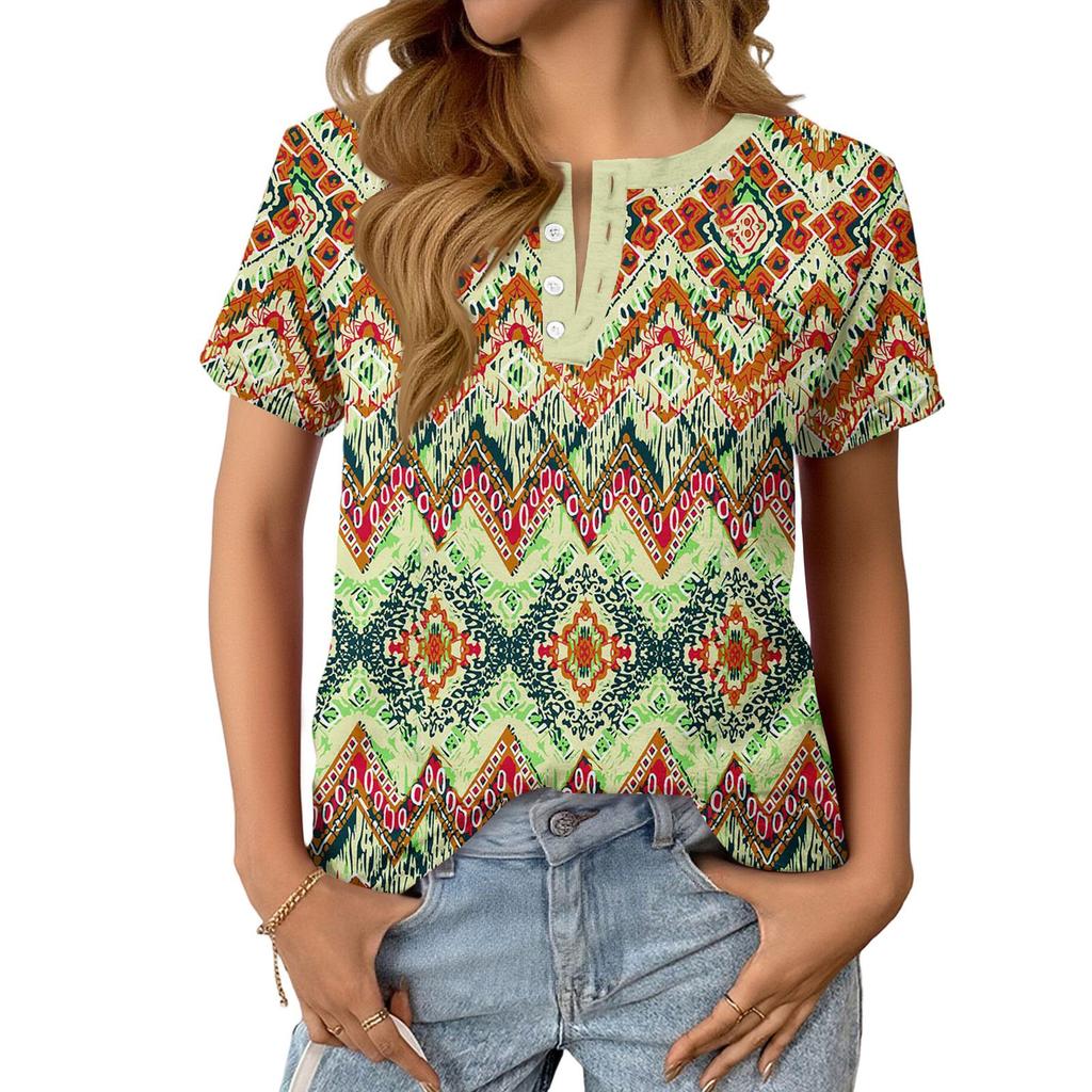 Modieuze Casual Dames Zomer Top met Retro Print, V-hals, Knopen en Korte Mouwen