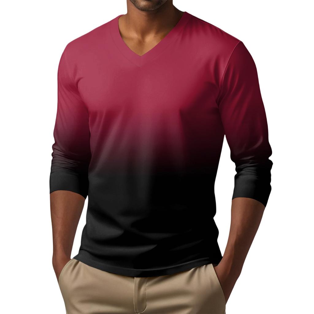 Men's V-neck Casual Fashion Printed Long-sleeved T-shirt Top