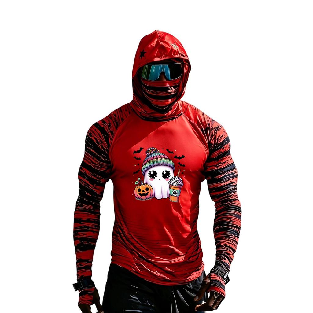 Men's Casual Long Sleeve Hooded Raglan Sun Top with Colorblock and Halloween Print