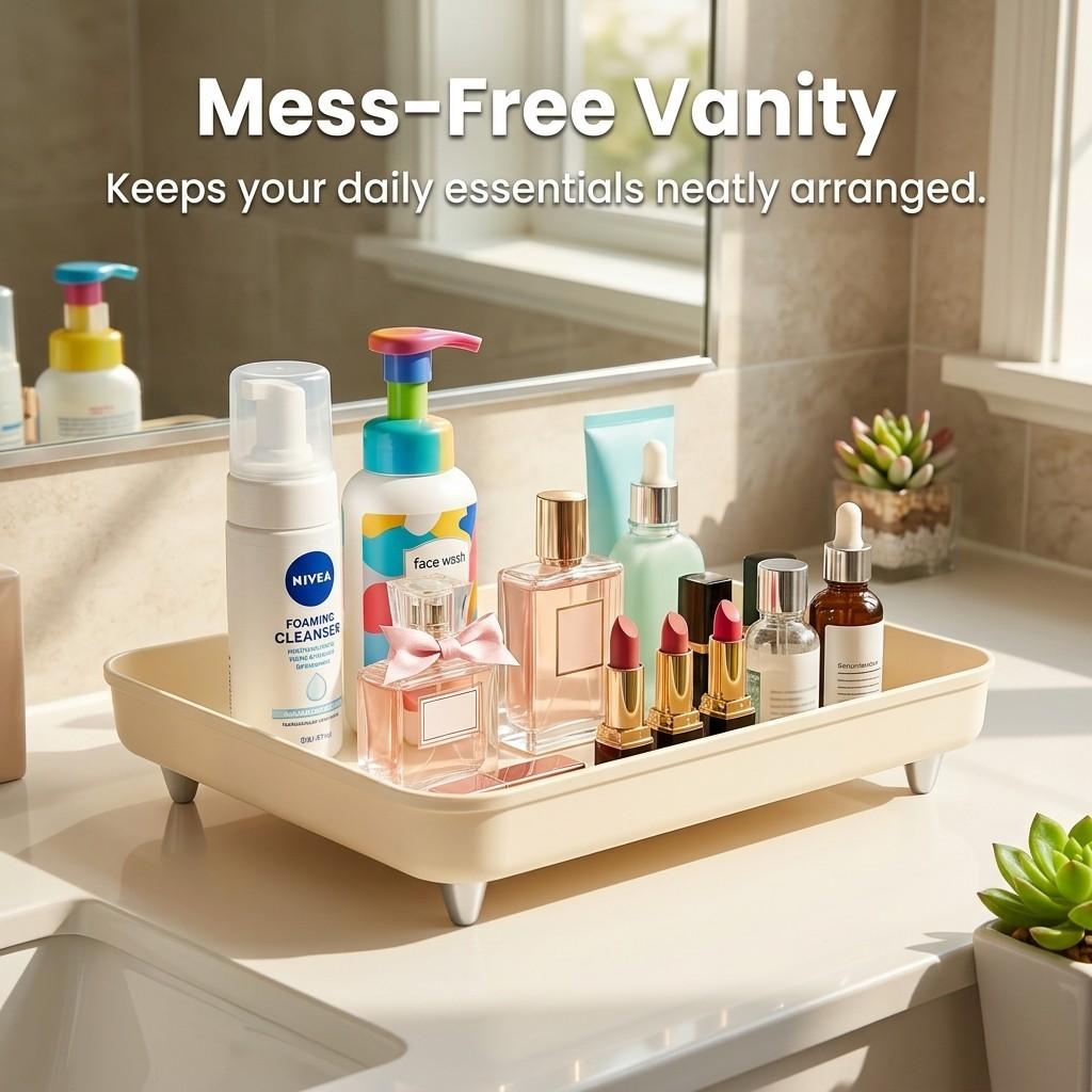 Bathroom Accessories Vanity Tray Countertop Makeup Organizer Cosmetics Storage Skincare Perfume Stand Non-Slip Metal Feet