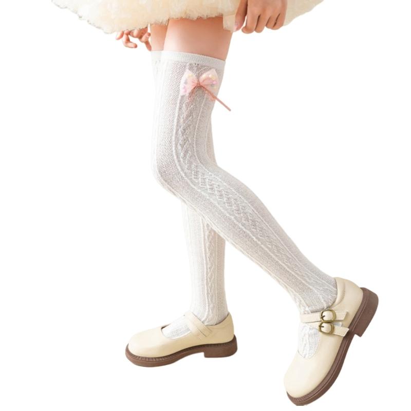 

Breathable Bowknot Long Socks for Girl School Child Over the Knee Socks Stretchy Socks for Summer Spring Dress Socks білий