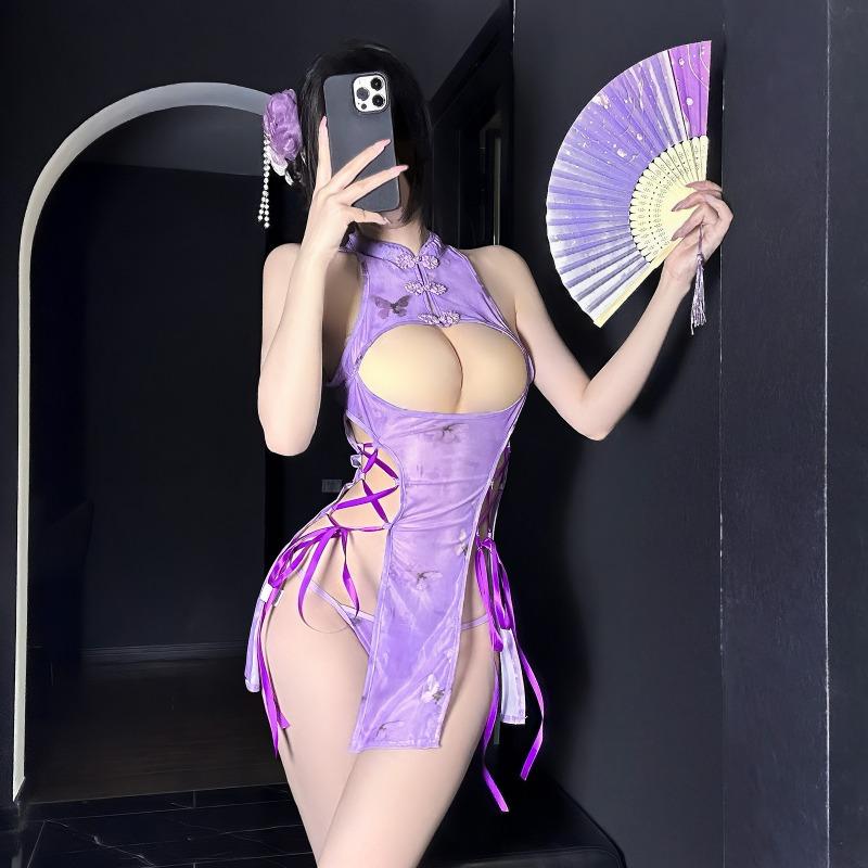 Sex Underwear Purple Butterfly Cheongsam Showing Breasts Small Breasts Passion Pure Desire Bed Free-of-charge Robe Set