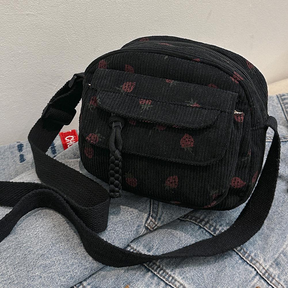 Cute Strawberry Trendy Crossbody Bag Corduroy Messenger Bag Casual Zipper Underarm Bag for Women Travel Work Shoulder Bag