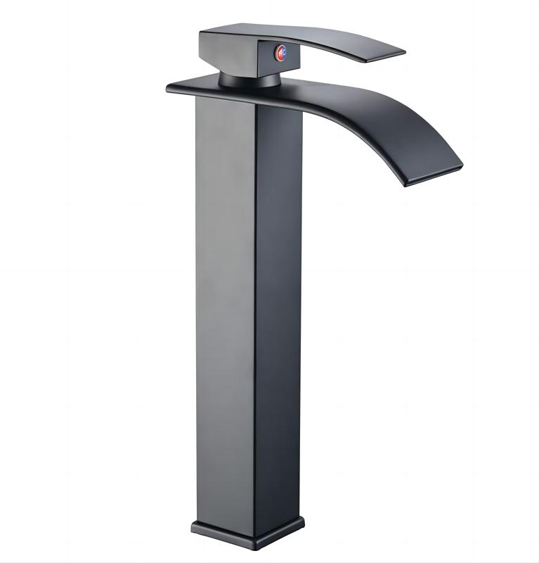 Factory Stainless Steel Bathroom Basin Faucet Square Waterfall Spout Mixer Water Tap Single Handle Wash Basin Faucet (Black,Blackened)