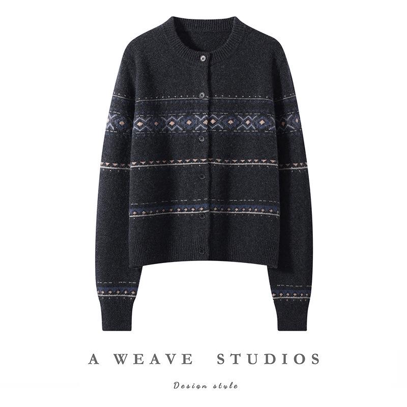 1980 Women's 35% Cashmere Nordic Knit Cardigan - Winter Double-Strand Thick Sweater Coat