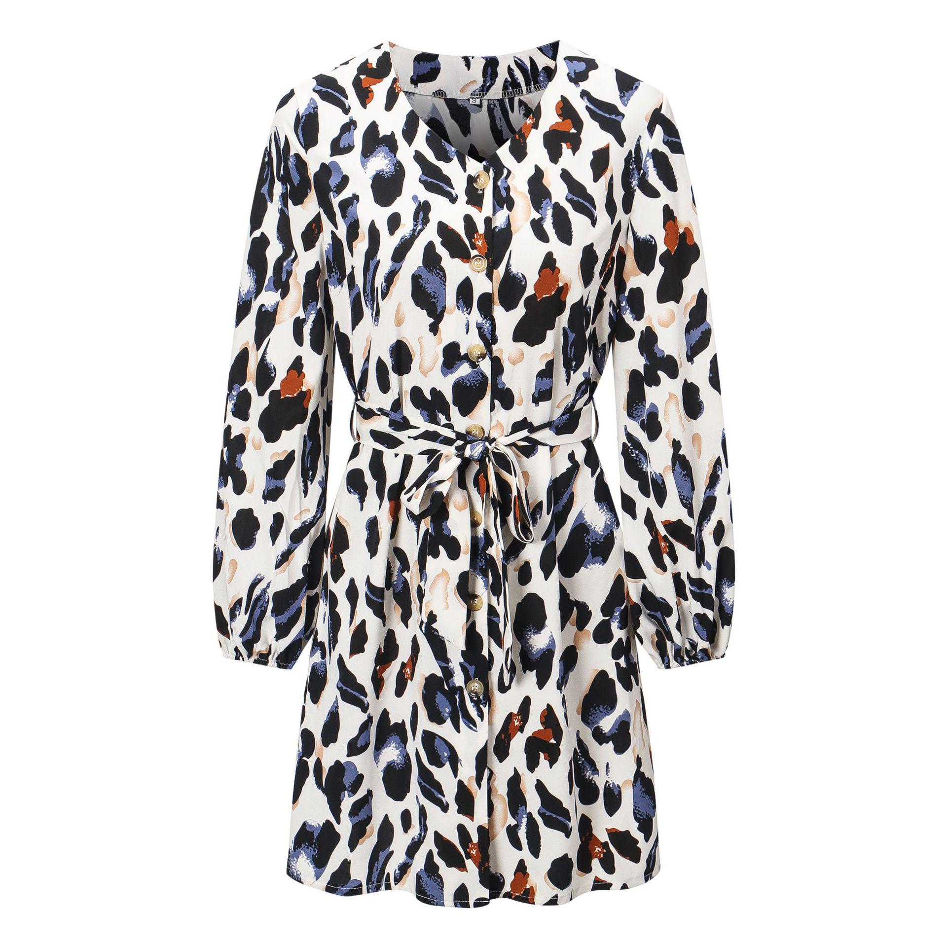 

Women s Long-Sleeve V-Neck Printed Bell Sleeve Casual Dress - European & American INS Fashion Extra Large чёрный/белый