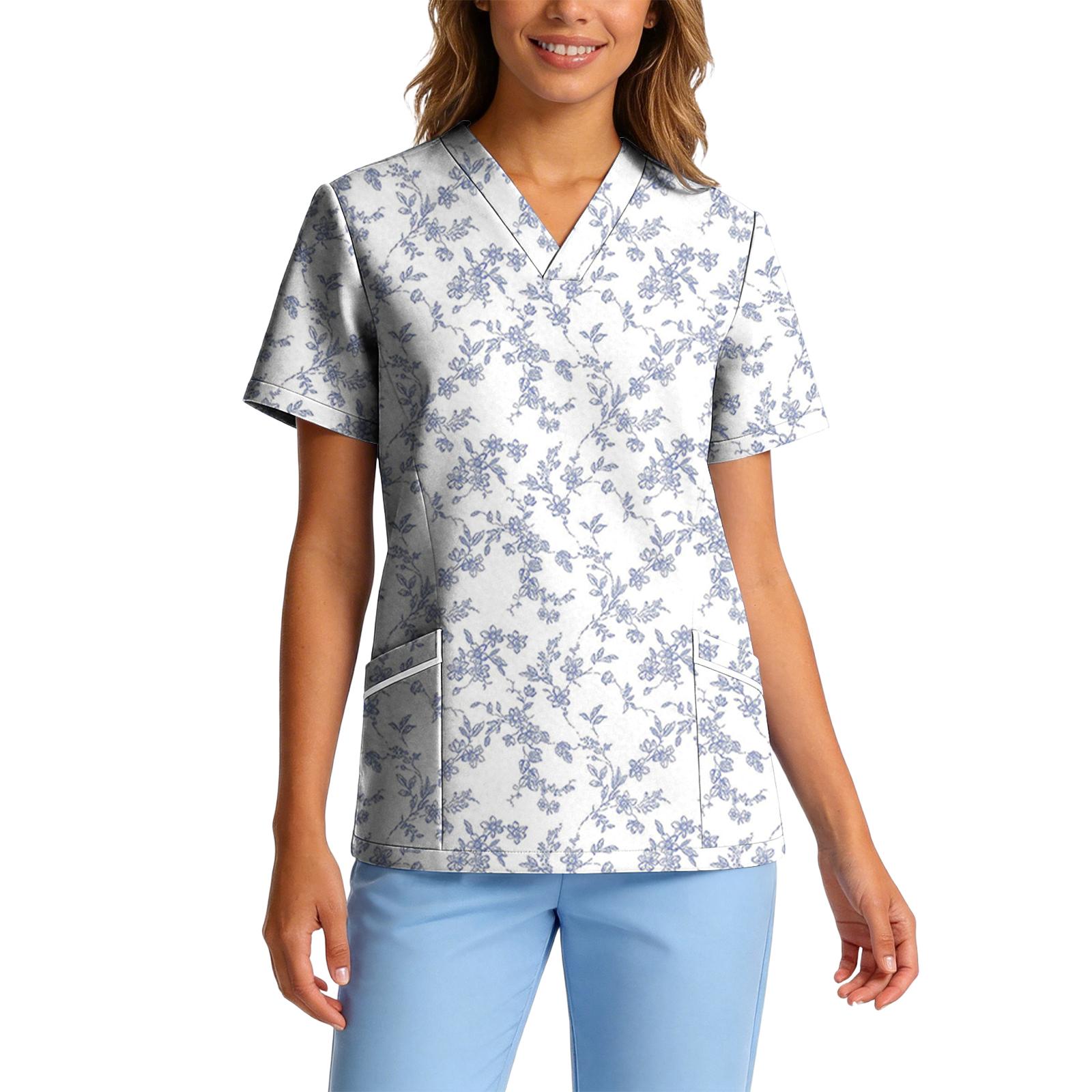 

Women s Stretch Quick-Dry V-Neck Short Sleeve Workwear Top with Botanical Floral Print & Pockets XXL фиолетовый