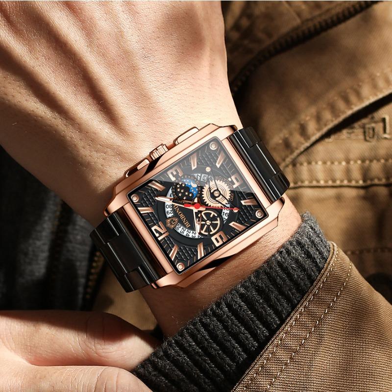 Binbang BINBOND Square Retro Men's Quartz Watch Multi-functional Luminous Waterproof Watch