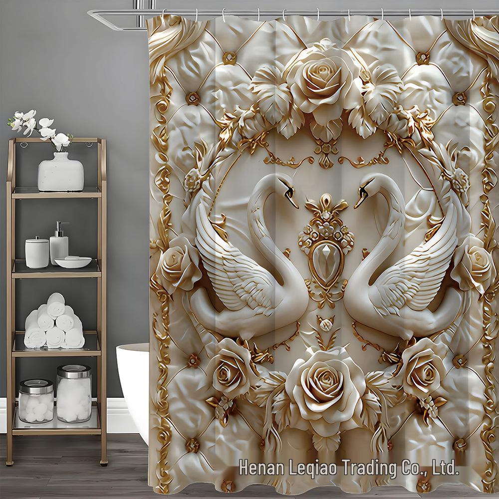 Creative Swan Print Shower Curtain with 12 Hooks - Bathroom Decoration Accessories