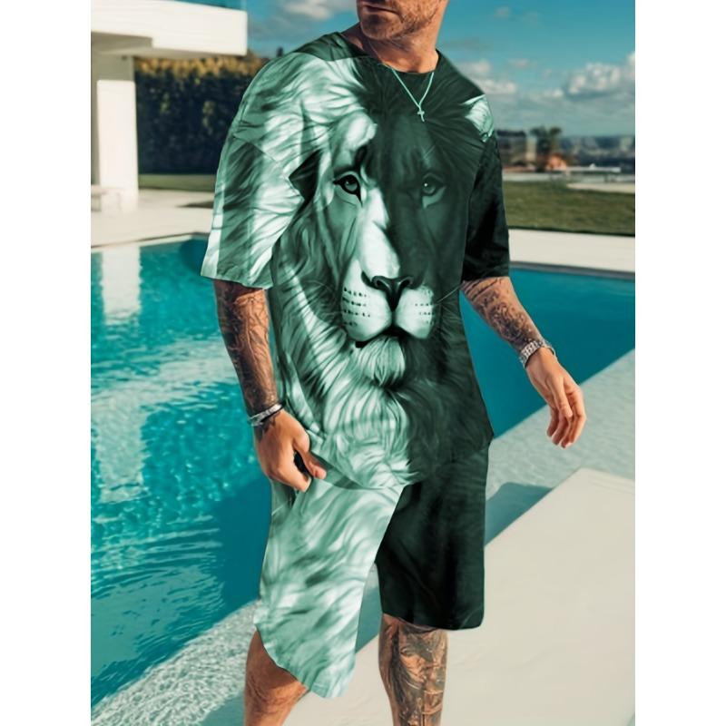 Men's Casual Bold Style Suit: O-Neck Top with Majestic Lion Design & Elastic Waist Shorts. Breathable Activewear for Gym & Lounge