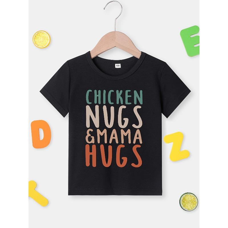 European sizes Chicken Nugs & Mama Hugs Boys T-Shirt - Cute Summer Casual Tee with Letter Print, Soft Polyester 98cm чёрный