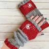 Gants en tricot sans doigts avec broderie de chat et patchwork, Gants décontractés ouverts aux doigts tendance pour femme, Mitaines chaudes d'hiver sans doigts