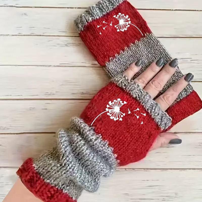 Gants en tricot sans doigts avec broderie de chat et patchwork, Gants décontractés ouverts aux doigts tendance pour femme, Mitaines chaudes d'hiver sans doigts