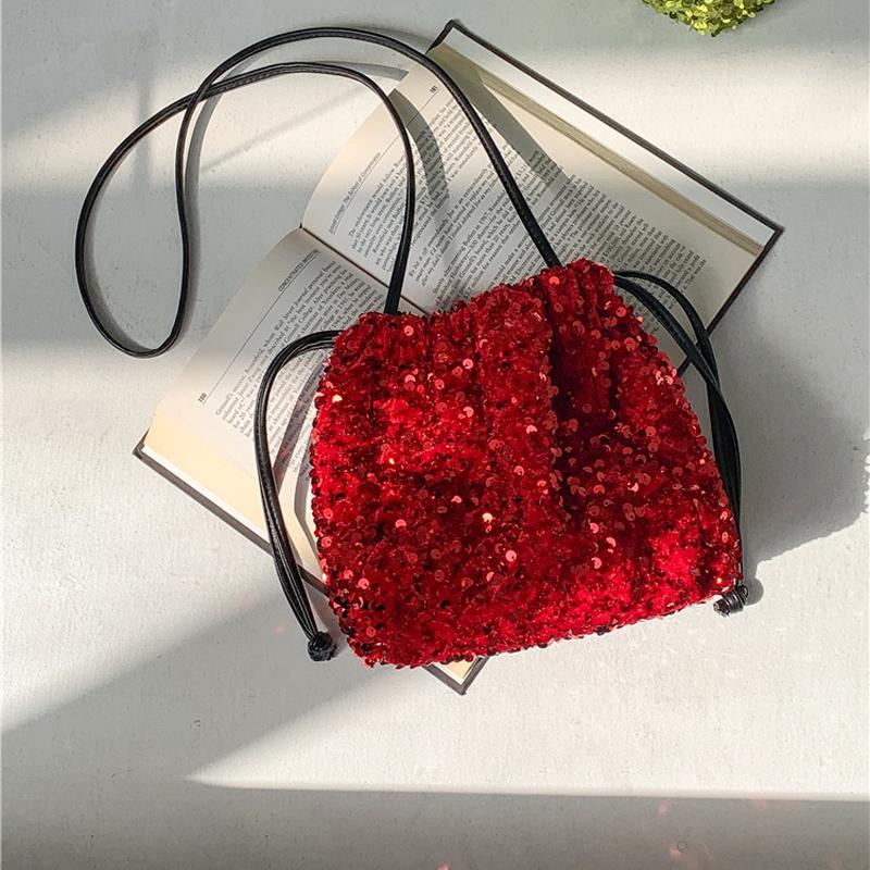 Handheld Bucket Bag, Women s Drawstring Pleated Shoulder Crossbody Bag, Women s Fashionable Colorful Sequin Bag 20cmX18.5cmX10cm