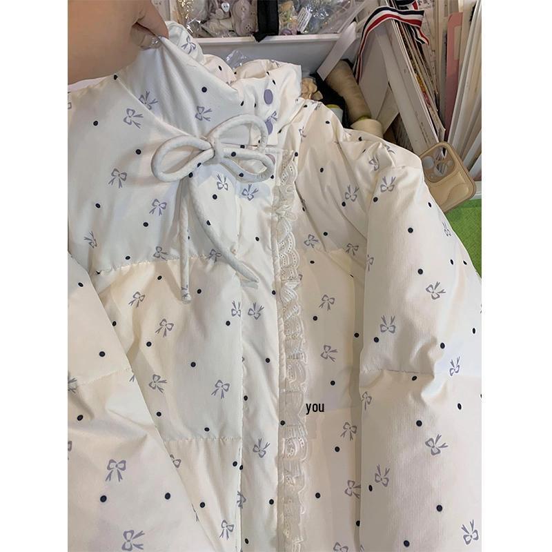 Women's Embroidered Bow Tie Stand Collar Lace Jacket – Winter Style, Warm Cotton Padded, Sweet Splicing Design