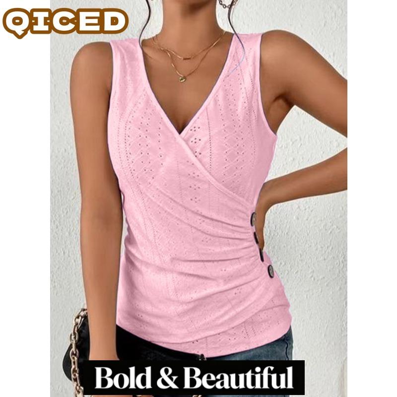 QICED Women's Fashion Casual Solid Color Print V-Neck Sleeveless Blouses & Shirts