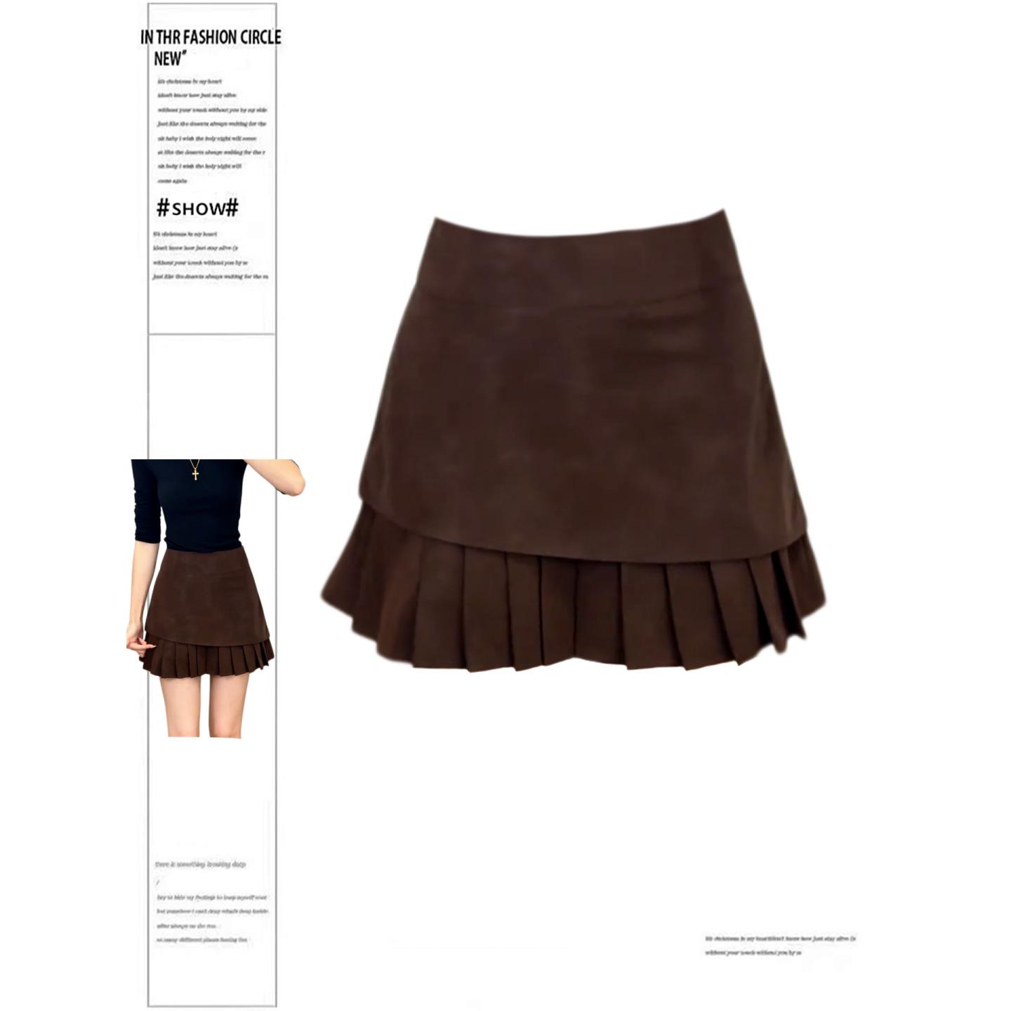 Plump-Friendly Coffee Pleated Midi Skirt, Women s Fall/Winter Leather A-Line, High-Waisted Slimming College Style. XL
