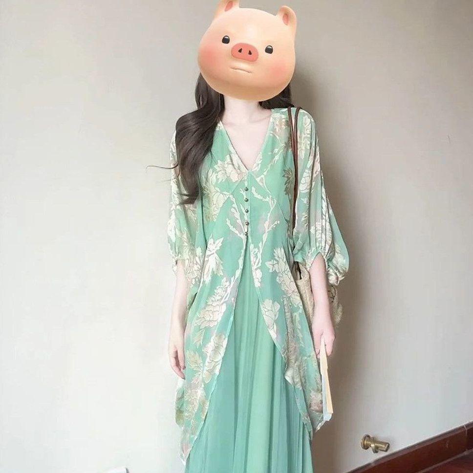Elegant Green Mesh Patchwork Dress - 2026 Spring Collection: Stylish Loose Long Skirt 4XL (Recommended 145-160 pounds)