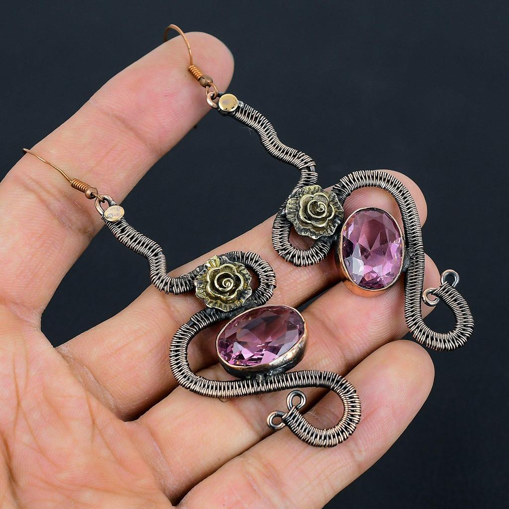 Pink Kunzite Earrings, 999 Copper Wire Wrapped. Jewelry, Gift For Women Handmade Earrings Gemstone Jewelry
